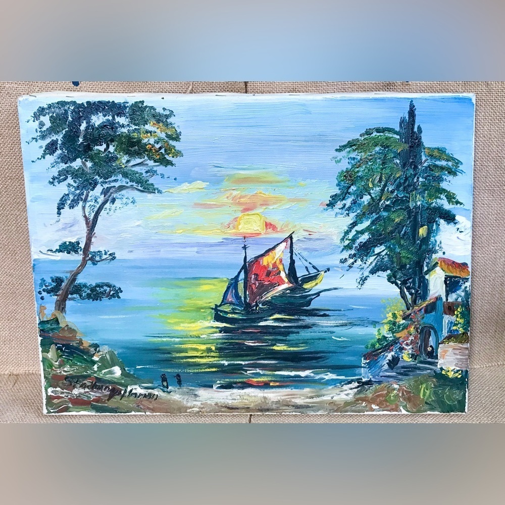 Vintage Signed Oil Painting Sailboat Sunset German Canvas Coastal Landscape